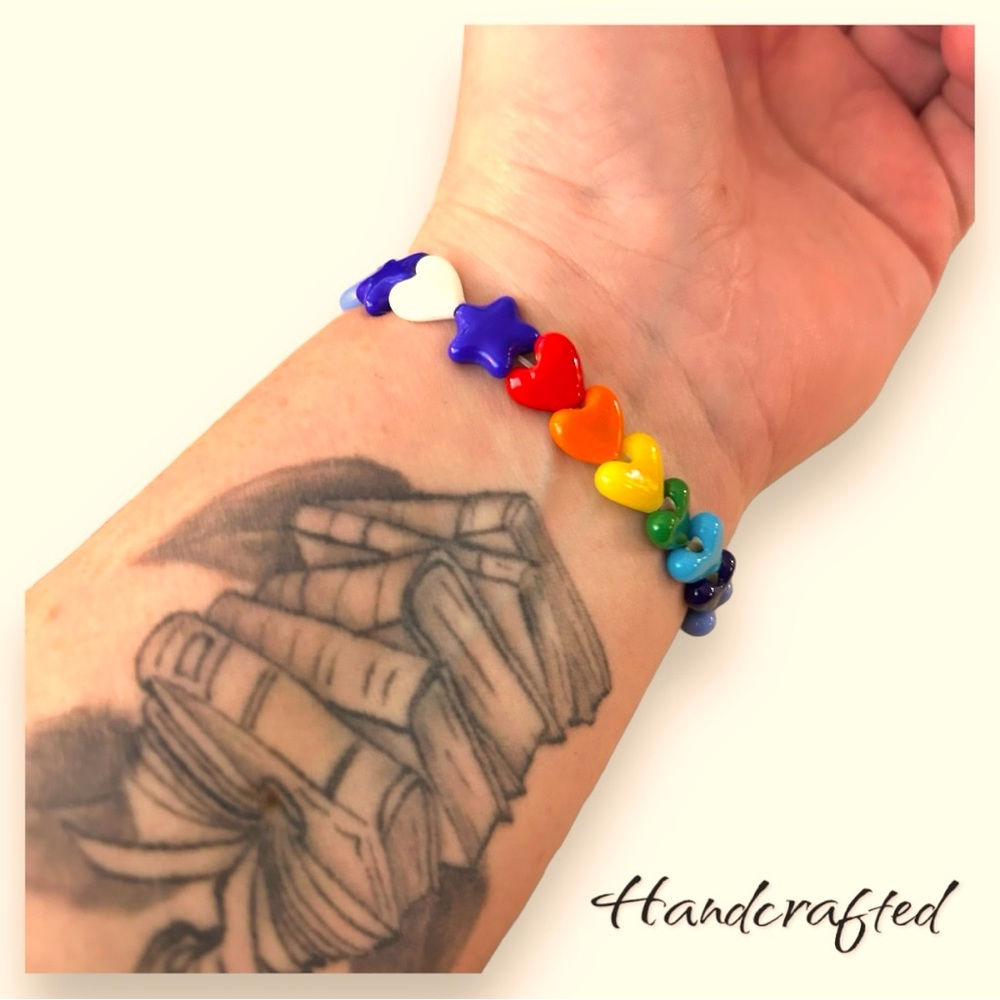 Upcycled/Handmade stretch bracelet with repurposed hearts and starts - RAINBOW!